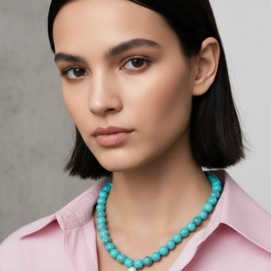 สร้อยคอผลิตจากหินธรรมชาติบลูเทอควอยซ์ :หินขี้นกการะเวกเป็นหินที่มีความเก่าแก่ที่สุดในประวัติศาสตร์ มีพลังปกป้องคุ้มครอง เหมาะสำหรับนักเดินทาง ป้องกันอุบัติเหตุและสิ่งชั่วร้ายฯลฯพร้อมหินเปลือกมุกจ้าวสมุทร: เสริมสติความรับรู้  รักษาเงินทองสิ่งมีค่า - 3